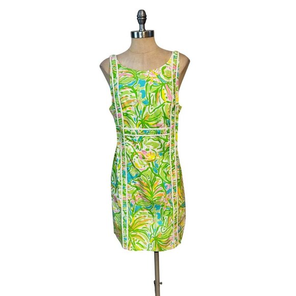 Lilly Pulitzer Fryer Elephant Ears Cotton Green Pink Poplin Shift Dress 12 Fits - Picture 2 of 6